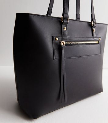 Black Leather Look Zip Front Tote Bag New Look