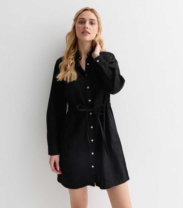 princess polly baby blue dress Black Lightweight Denim Drawstring Mini Shirt Dress