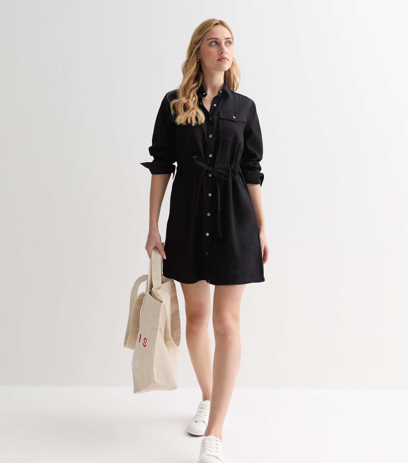 Black Lightweight Denim Drawstring Mini Shirt Dress Image 3