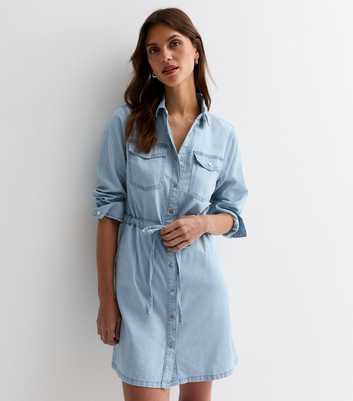 Blue Lightweight Denim Drawstring Mini Shirt Dress