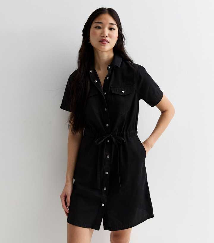 Black Lightweight Denim Drawstring Mini Shirt Dress