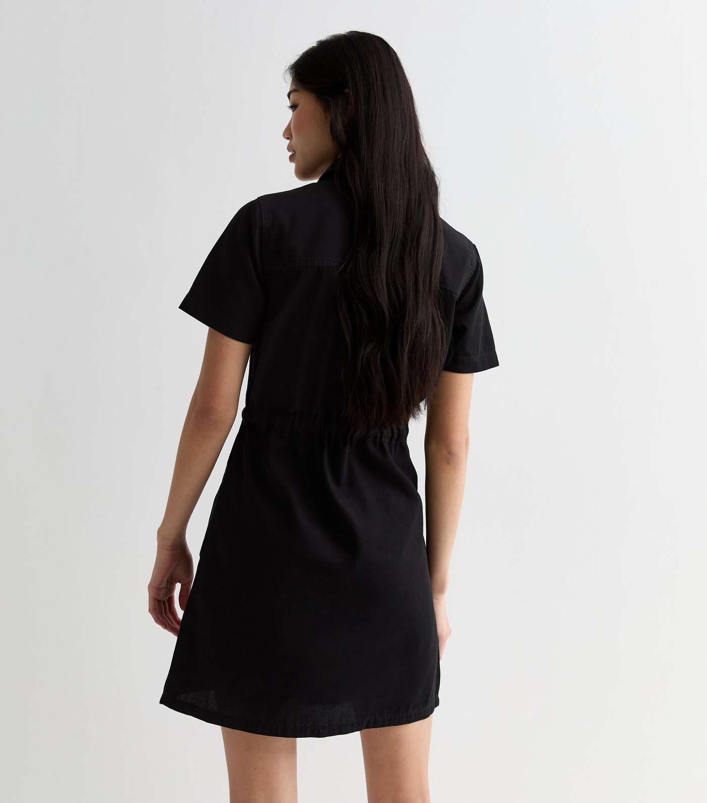 Black Lightweight Denim Drawstring Short Sleeve Mini Shirt Dress Image 4