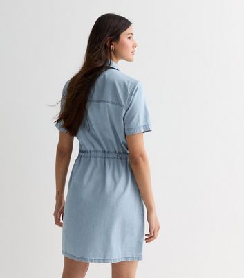 Pale Blue Lightweight Denim Drawstring Short Sleeve Mini Shirt Dress New Look