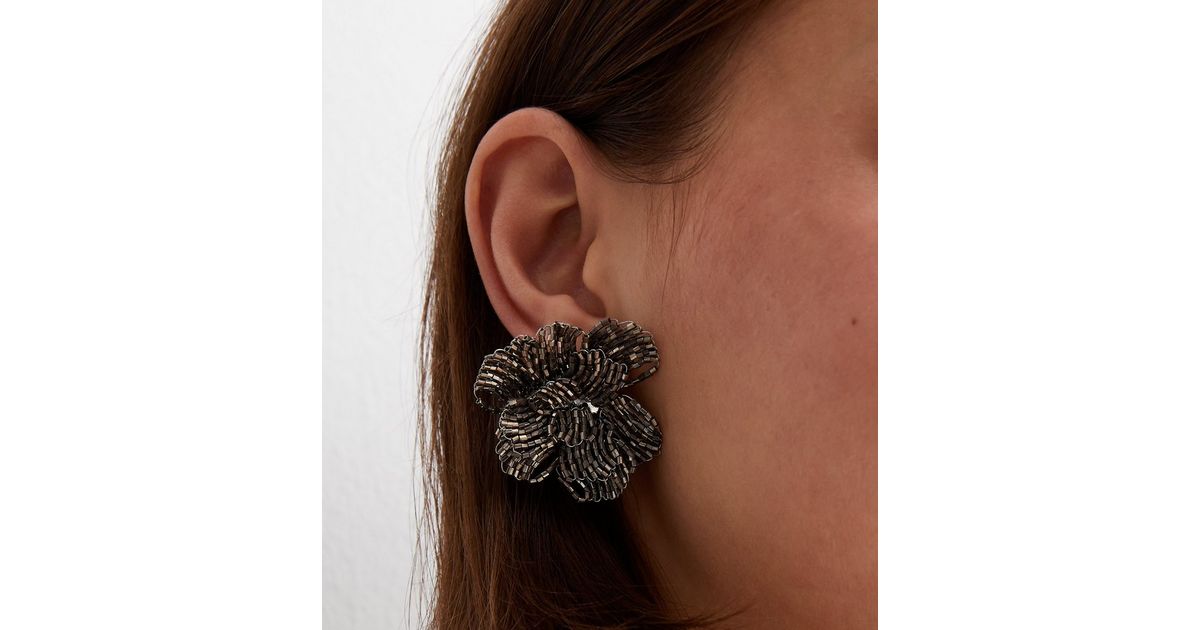 Pewter Beaded Large Flower Stud Earrings New Look