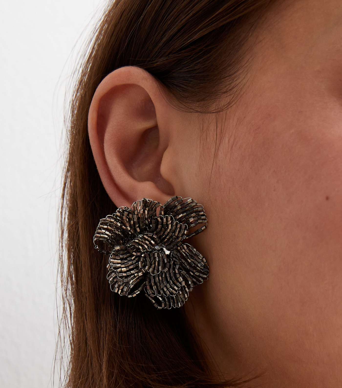 Pewter Beaded Large Flower Stud Earrings Image 2