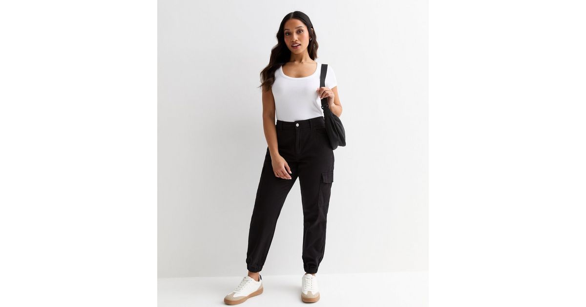 Petite Black Denim Cuffed Cargo Trousers | New Look