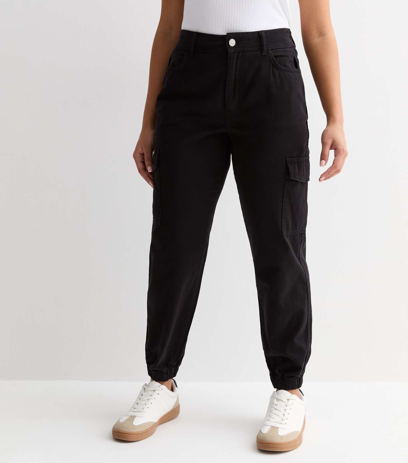 Petite Black Denim Cuffed Cargo Trousers Image 3