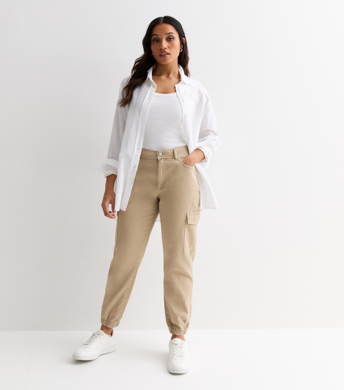 Women's Petite Stone Denim Cuffed Cargo Trousers New Look