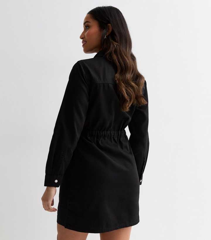Petite Black Denim Long Sleeve Belted Mini Shirt Dress | New Look