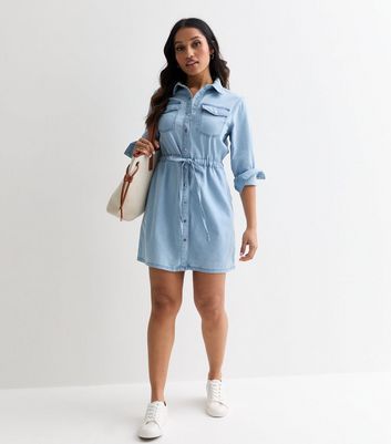 Petite Blue Denim Long Sleeve Belted Mini Shirt Dress New Look