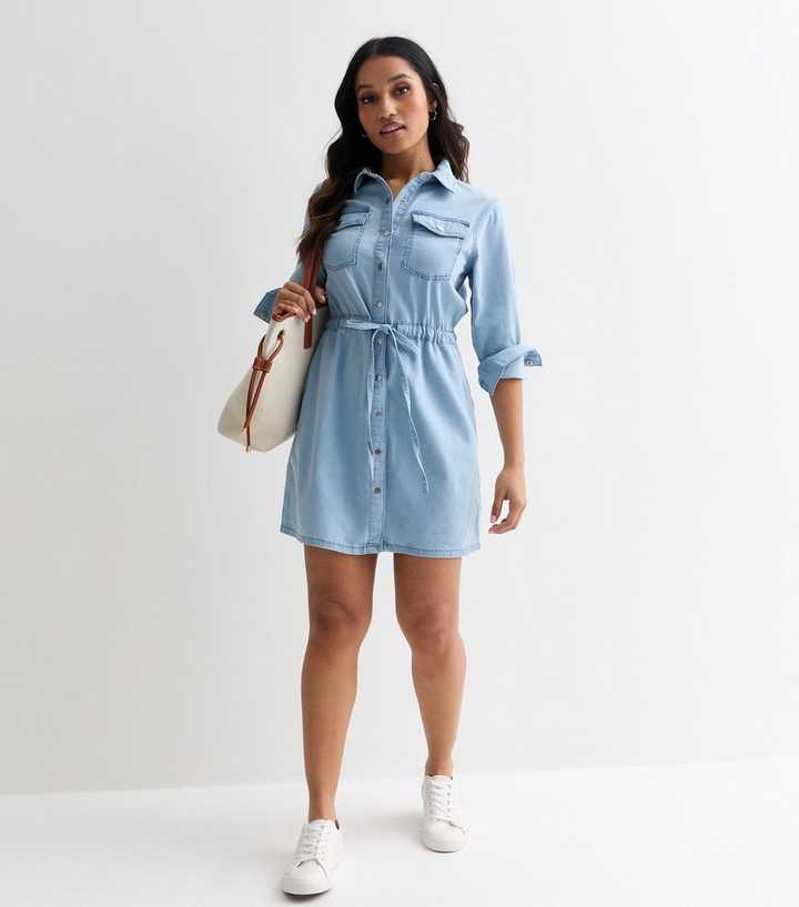 Petite Blue Denim Long Sleeve Belted Mini Shirt Dress