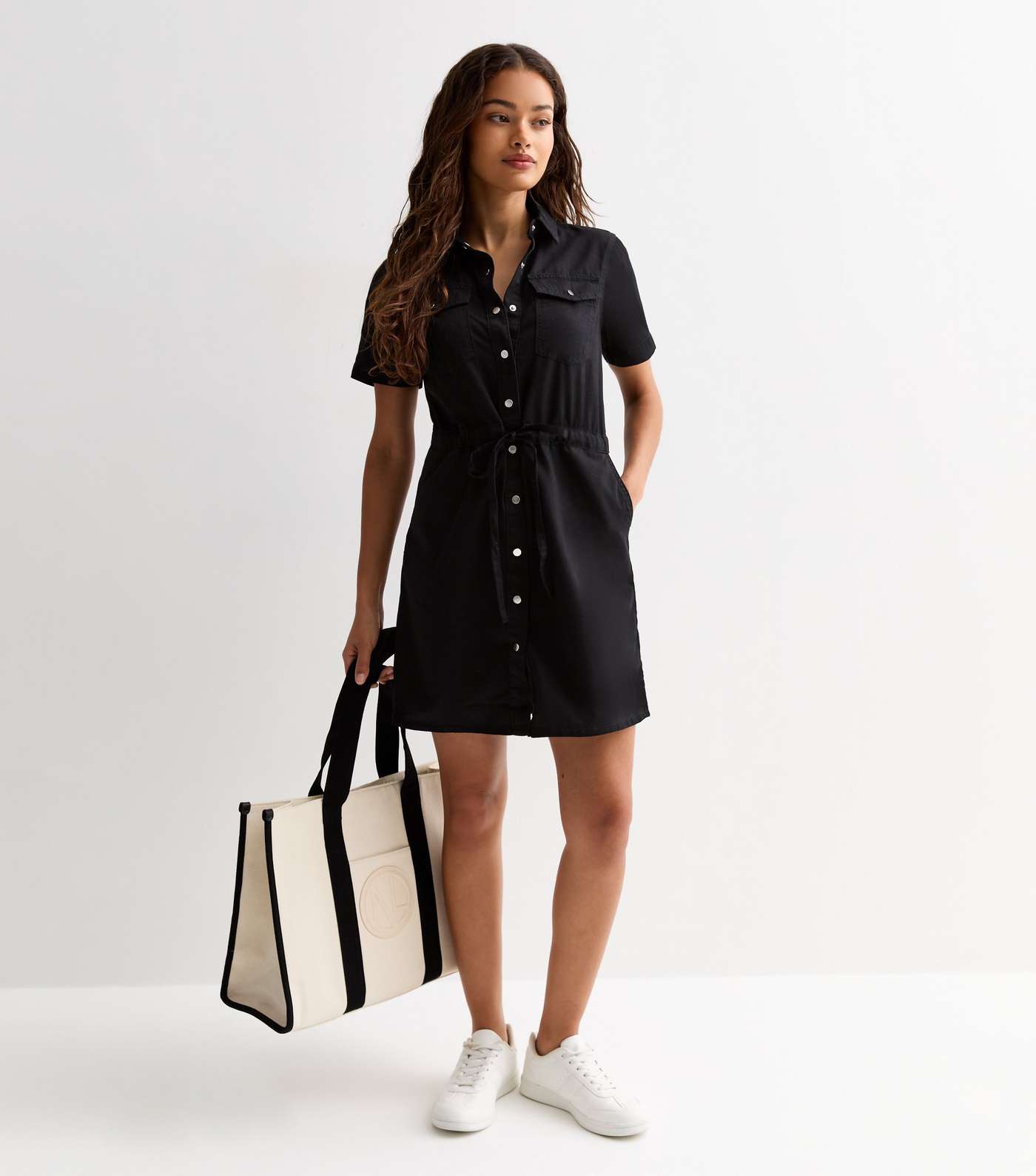 Petite Black Lightweight Denim Mini Shirt Dress Image 2