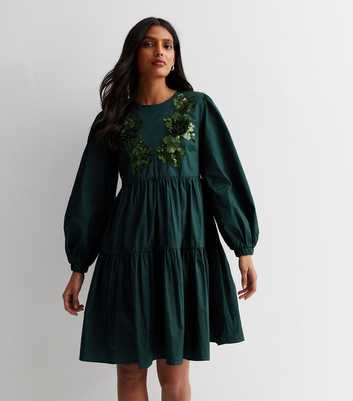 Gini London Dark Green Sequin Long Sleeve Mini Smock Dress