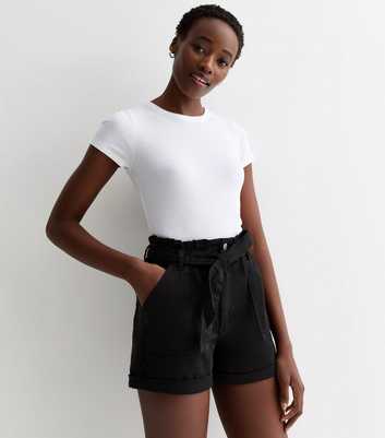 Tall Black Denim High Waist Paperbag Shorts