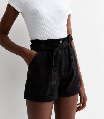 Tall Black Denim High Waist Paperbag Shorts New Look