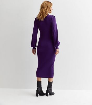 Blue Vanilla Dark Purple Ribbed V Neck Midi Dress New Look