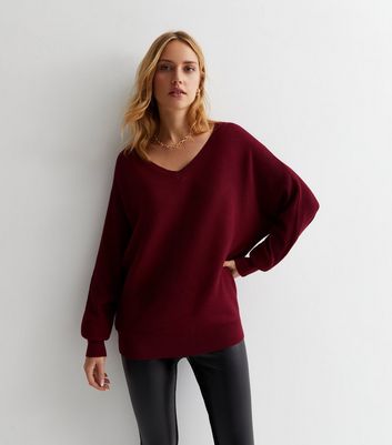 Burgundy v sale neck jumper womens