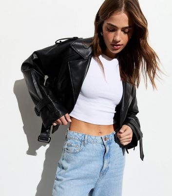 Petite Grey Faux Leather Crop Belted Biker Jacket