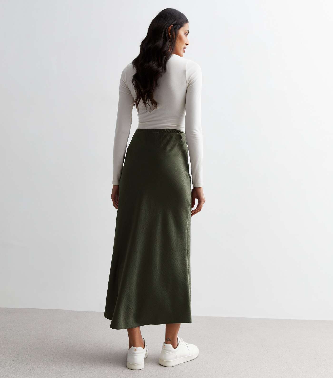 Khaki Satin High Tie Waist Midaxi Skirt Image 4