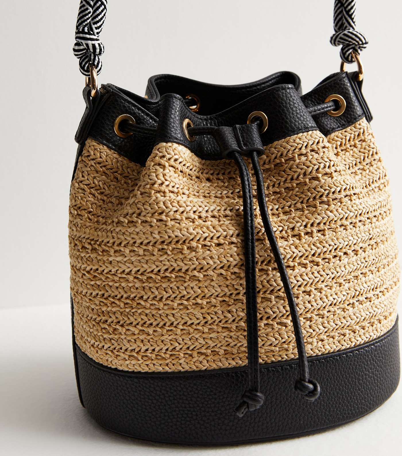 Black Raffia Drawstring Bucket Bag Image 3