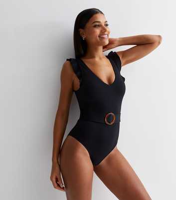 Black Frill Belted Swimsuit