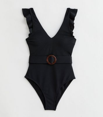 Black Frill Belted Swimsuit New Look