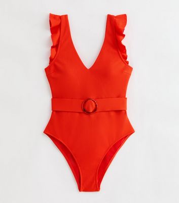 Red Frill Belted Swimsuit New Look