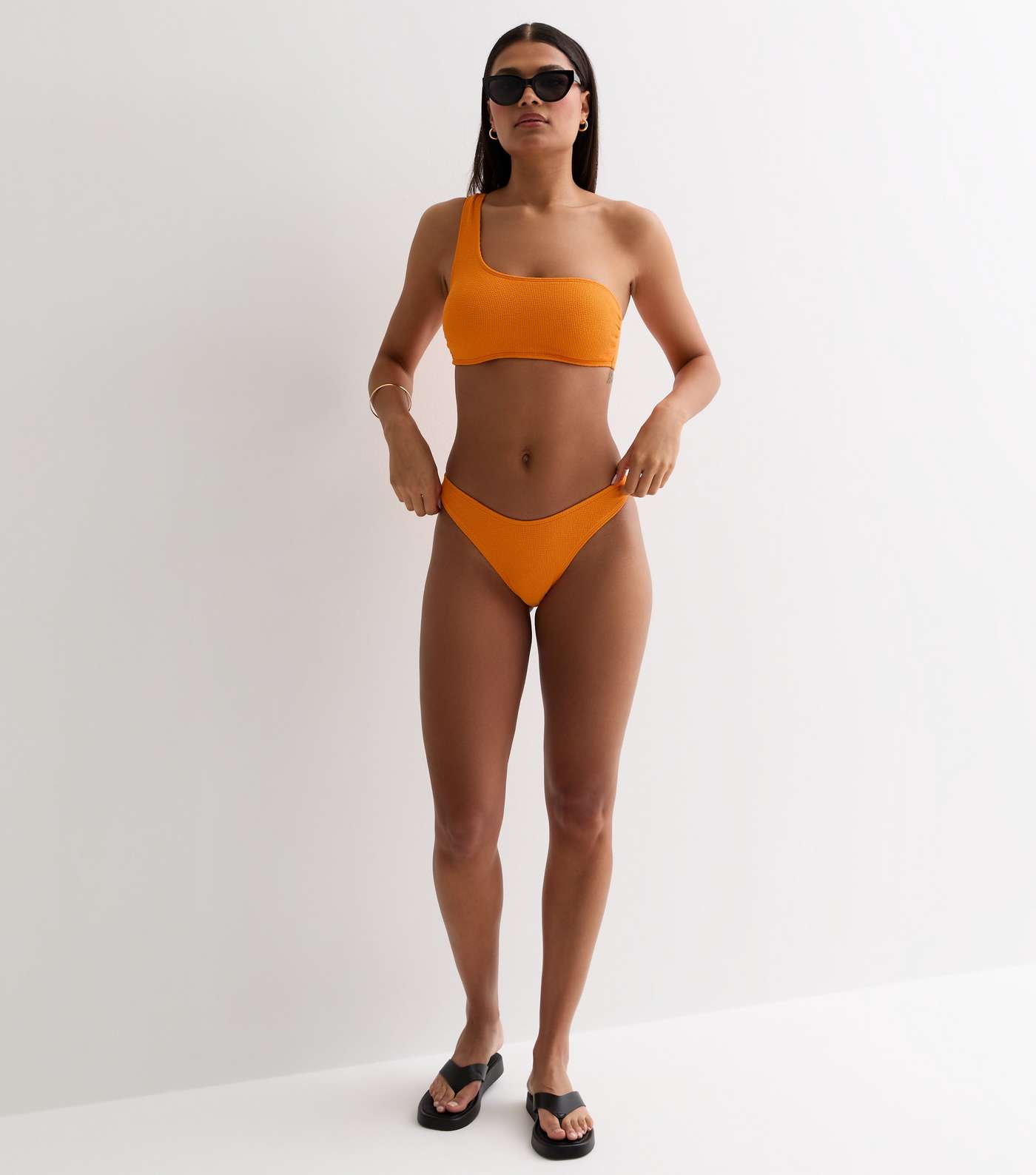 Bright Orange Crinkle One Shoulder Crop Bikini Top Image 3