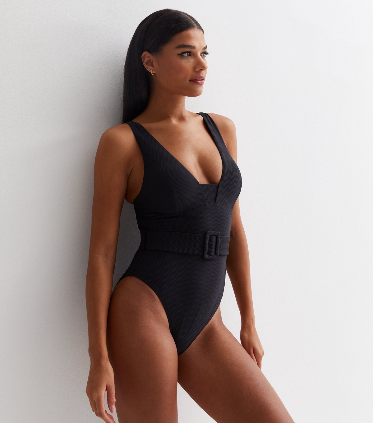 Women's Black Textured Belted Swimsuit New Look