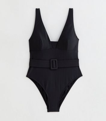 Black Textured Belted Swimsuit New Look