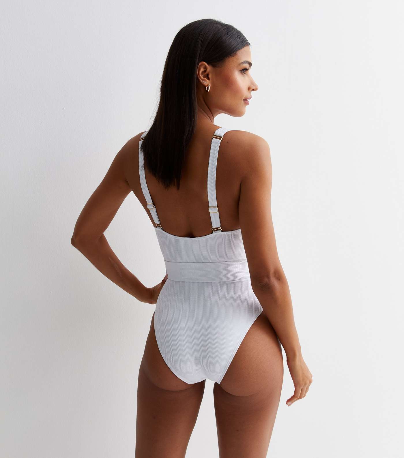 White Textured Belted Swimsuit Image 4