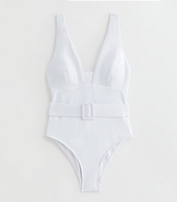 White Textured Belted Swimsuit New Look