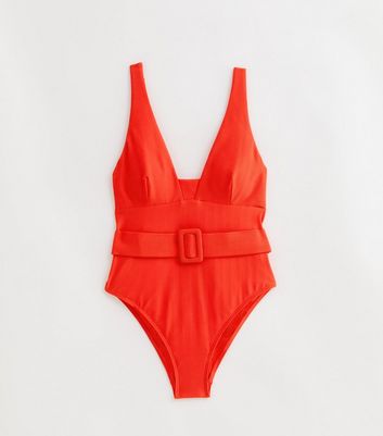 Red Textured Belted Swimsuit New Look