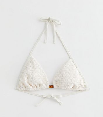 Cream Crochet Halterneck Triangle Bikini Top New Look