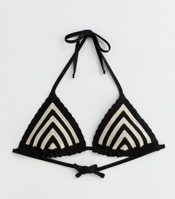 Black Chevron Crochet Halterneck Triangle Bikini Top New Look