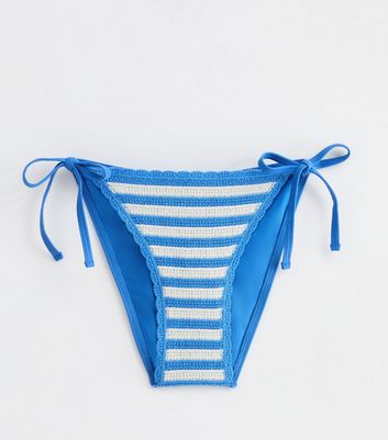 Blue Stripe Crochet Tie Side Bikini Bottoms New Look