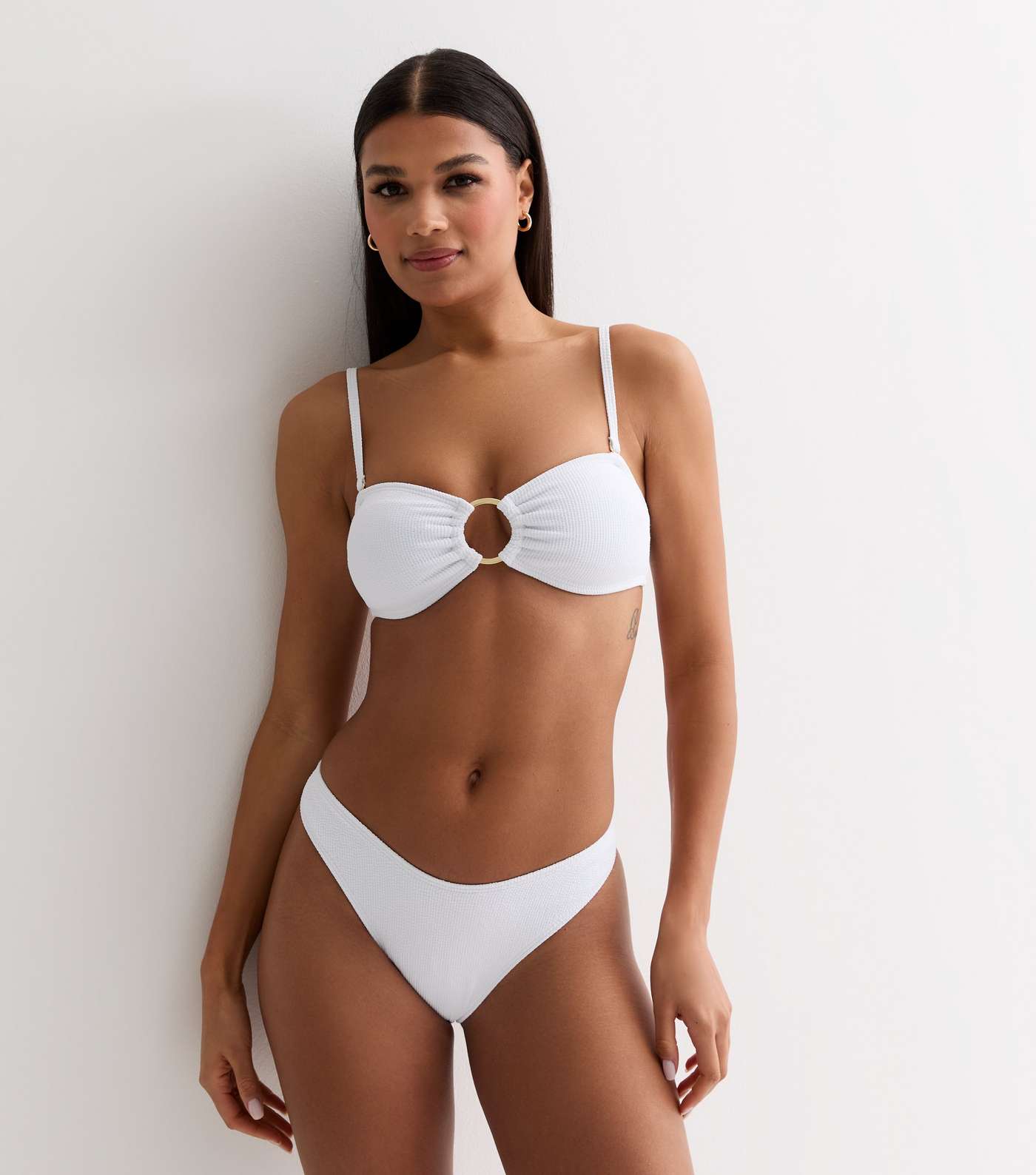 White Crinkle Textured Bandeau Bikini Top Image 3