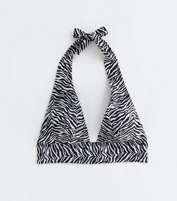 Black Zebra Print Halter Neck Bikini Top New Look