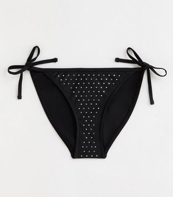 Black Diamante Tie Side Bikini Bottoms New Look