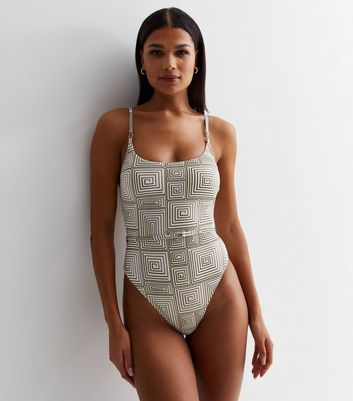 White Metallic Geometric Print Belted Swimsuit New Look