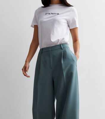 And You high waisted pleat front wide leg trouser jeans top blue small