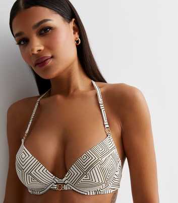 White Metallic Geometric Print Underwired Bikini Top