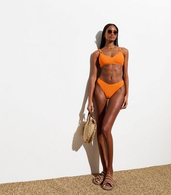 Bright Orange Crinkle V Front Bikini Bottoms New Look