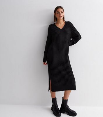 Black Ribbed Knit Split Hem Midi Dress New Look