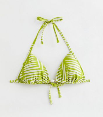 Green Palm Leaf Print Triangle Bikini Top New Look