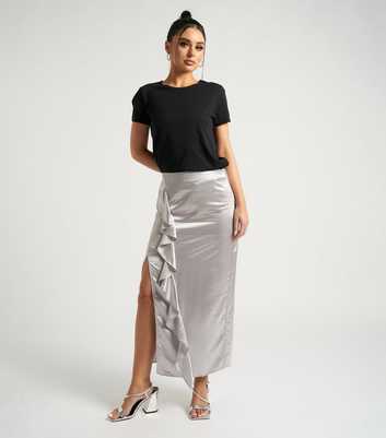 Urban Bliss Silver Satin Side Ruffle Split Hem Midaxi Skirt