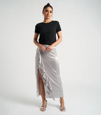 Urban Bliss Silver Satin Side Ruffle Split Hem Midaxi Skirt New Look