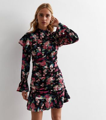 Urban Bliss Black Floral Ruched Long Sleeve Mini Dress New Look