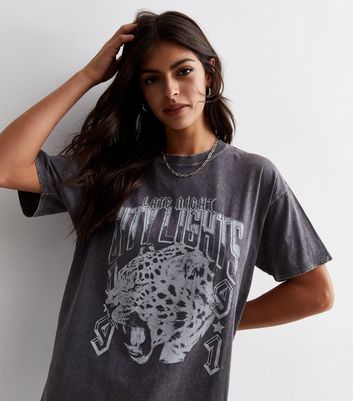 Dark Grey Cotton Acid Wash City Lights Oversized Logo T-Shirt New Look
