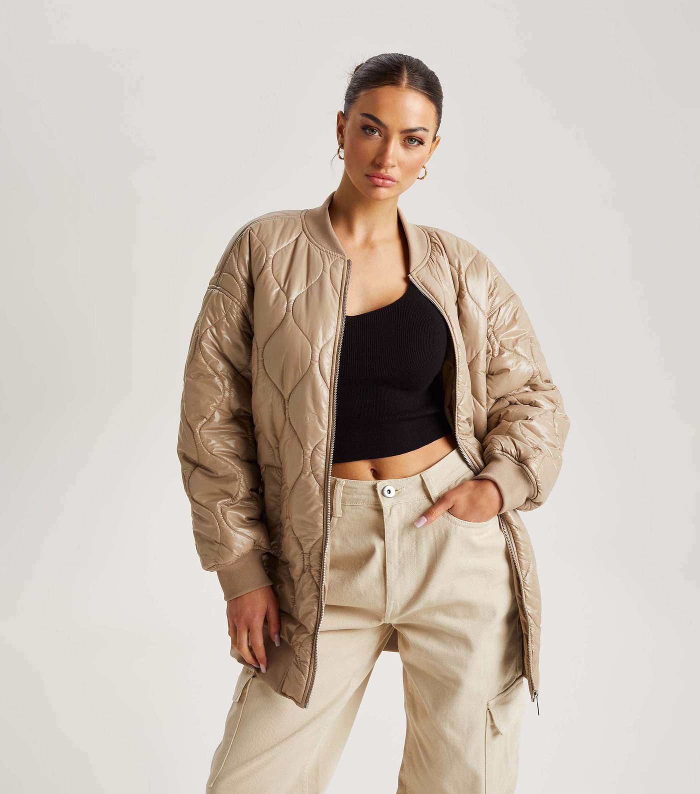 Urban Bliss Camel Quilted Long Bomber Jacket Image 2